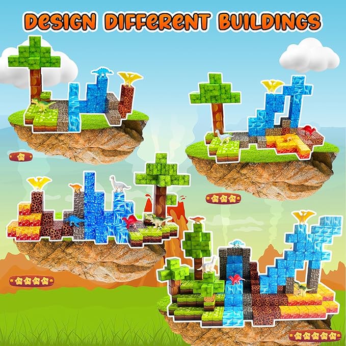 100PCS Dinosaur Magnetic Blocks for Kids: 1" Magnetic Building Blocks for Kids Ages 4-8 8-12, Magnet Cubes Sensory STEM Stacking Toys for Boys & Girls,Christmas Birthday Gifts for Toddler Ages 3+