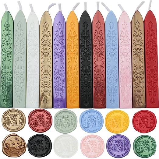 12Pcs Wax Sealing Sticks with Wicks, Assorted Colors Wax Seal Sticks Great for Letter Sealwax Stamp, Mixed Wicks Waxsealsticks Wedding Invitations, Decoration (12-2)
