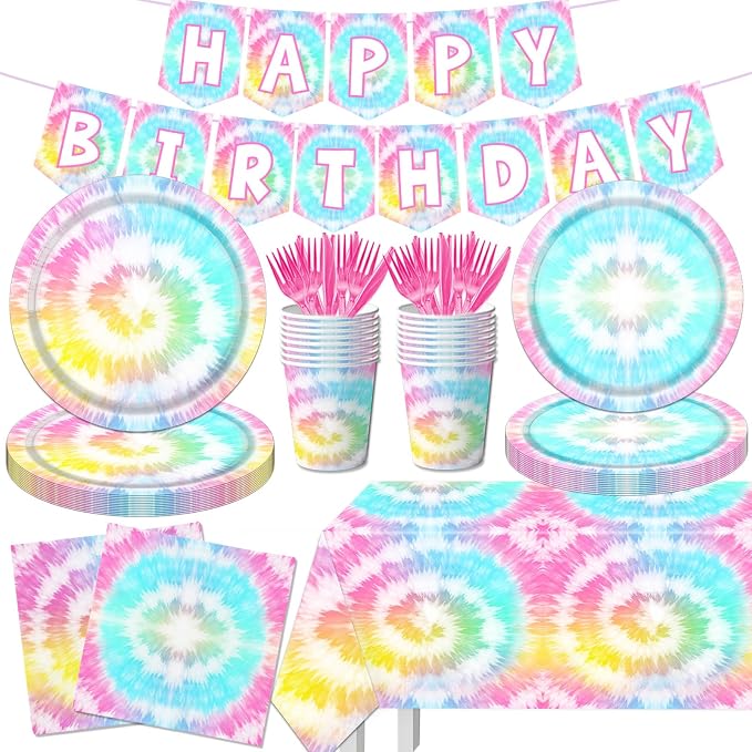 142Pcs Tie Dye Birthday Party Decorations, Colorful Birthday Party Supplies by CMUSKO