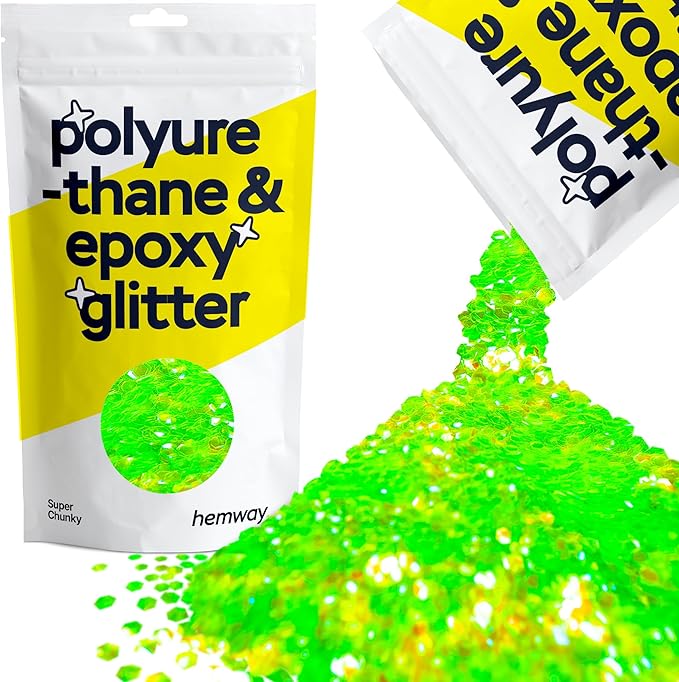 Hemway Polyurethane & Epoxy Resin Glitter 100g / 3.5oz Metallic Crystal Flake Additive for Flooring Jewelry Tumblers Glass Pigment - Super Chunky (1/8" 0.125" 3mm) - Fluorescent Green