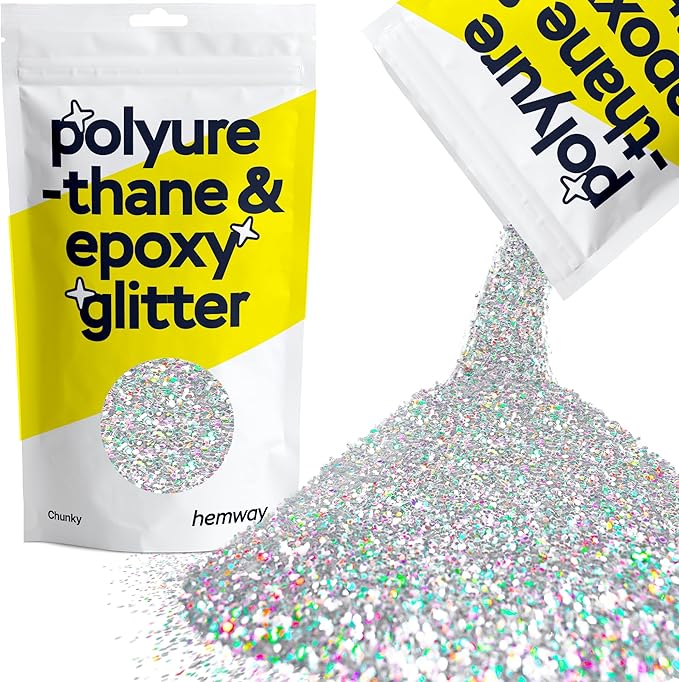 Hemway Polyurethane & Epoxy Resin Glitter 100g / 3.5oz Metallic Crystal Flake Additive for Flooring Jewelry Tumblers Glass Pigment - Chunky (1/40" 0.025" 0.6mm) - Silver Holographic