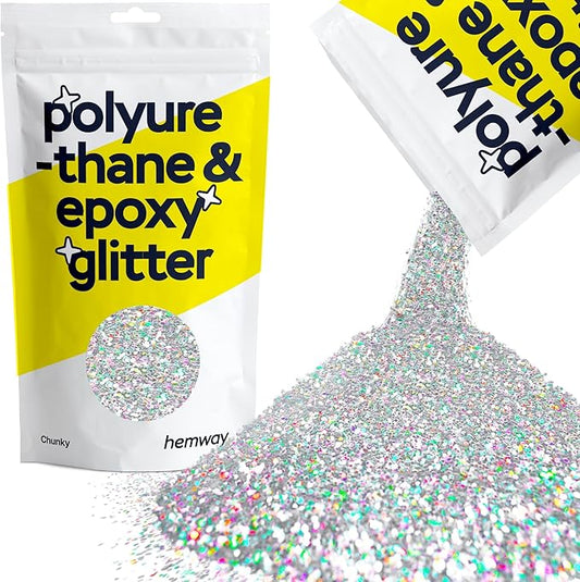 Hemway Polyurethane & Epoxy Resin Glitter 100g / 3.5oz Metallic Crystal Flake Additive for Flooring Jewelry Tumblers Glass Pigment - Chunky (1/40" 0.025" 0.6mm) - Silver Holographic