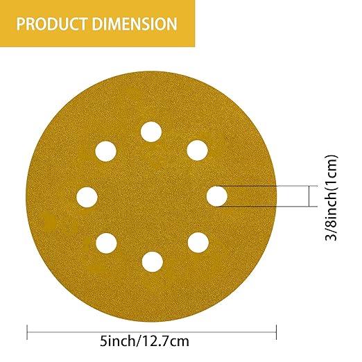 150PCS 240 Grit Gold Sanding Discs, 5-Inch 8-Hole Sandpaper for Random Orbital Sander, for Automotive or Woodworking