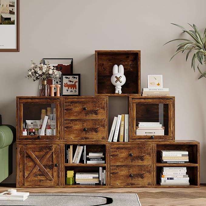 FUSUNBAO Magic DIY Cube Storage Organizer Stackable Cubes for Home Books Clothes Toy-Modular Cubby Storage System-Office Cubical-Bookcase Closet (Antique Brown, General Cube)