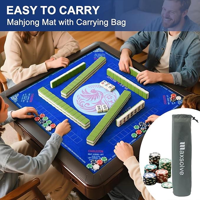 2025 Mahjong Mat, 31.5" x 31.5" Neoprene Mahjong Table Mat with Rules, Anti Slip & Noise Reduction Gaming Mat for Poker, Card, Dominoes, Board & Tile Games, Mahjong Gift with Carrying Bag - Blue