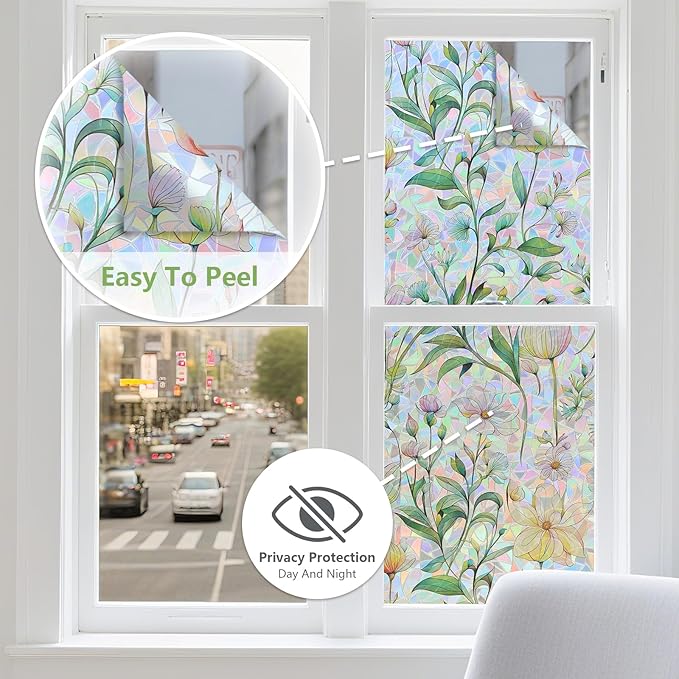 FINNEZ Window Privacy Film Stain Glass Film Flowers Rainbow Window Film Window Clings Non-Adhesive Reusable Decorative for Home（Forest Rainbow，23.6 Inch x 6.5 Feet）