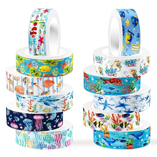 12 Rolls Blue Ocean Washi Tape, Underwater World Masking Tapes, Sea Animal Cartoon Decorative Tape for Arts, DIY Crafts, Journals, Planners, Scrapbook, Wrapping 16.4FT