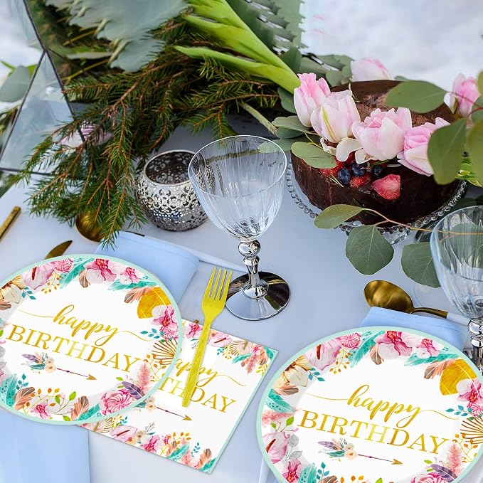 Tevxj 96 Pieces Happy Birthday Party Plates Napkins Boho Decorations Gold - Image 5