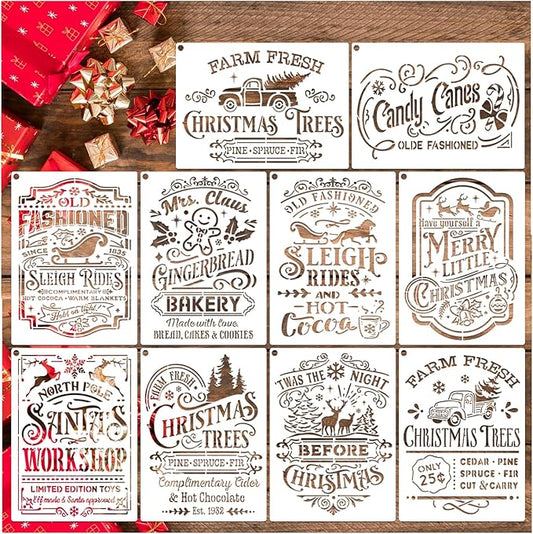 10 Pieces Christmas Stencils Reusable, 8 X 11 Inch Holiday Farm Fresh Christmas Tree Stencils for Painting on Wood Sign Windown DIY Crafts Fabric Canvas Winter Decor (10pcs A4 chrismtas-Old)