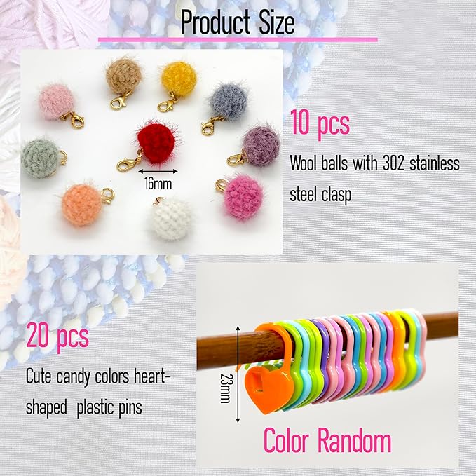 10 Pcs Cute Wool Ball Stitch Markers for Crocheting with Alloy Lobster Clasps & 20 Pcs Heart-Shaped Knitting Markers,for Knitting & Crochet Supplies,Suitable for Various Yarn thicknesses.