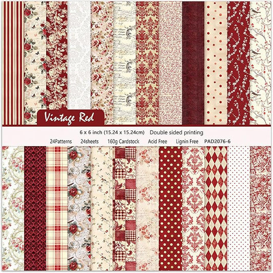24 Sheets Red Aesthetic Scrapbooking Paper Pad - 6In x 6In Double Sided Flowers Patterns for Photos Album Journals Supplies Decorative Collage Origami DIY Crafts Gifts Wrapping