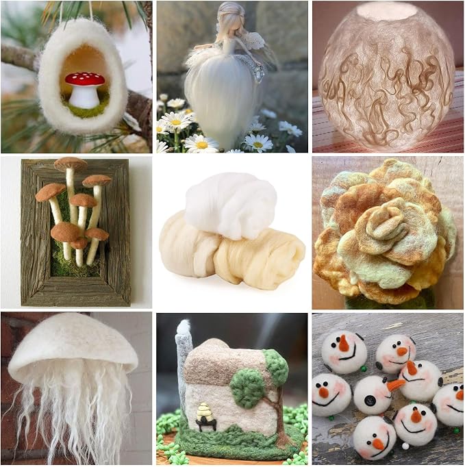 Boutigem 60G 3 Colors White Needle Felting Wool, Soft Chunky White Wool Roving - Image 6