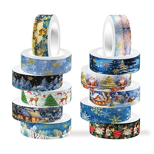 12 Rolls Christmas Washi Tapes, Christmas Tree Snowflakes Santa Claus Masking Tape, Gold Foil Winter Xmas Decorative Tape for Planner Scrapbook Journal DIY Arts Craft Gift Wrapping 16.4FT