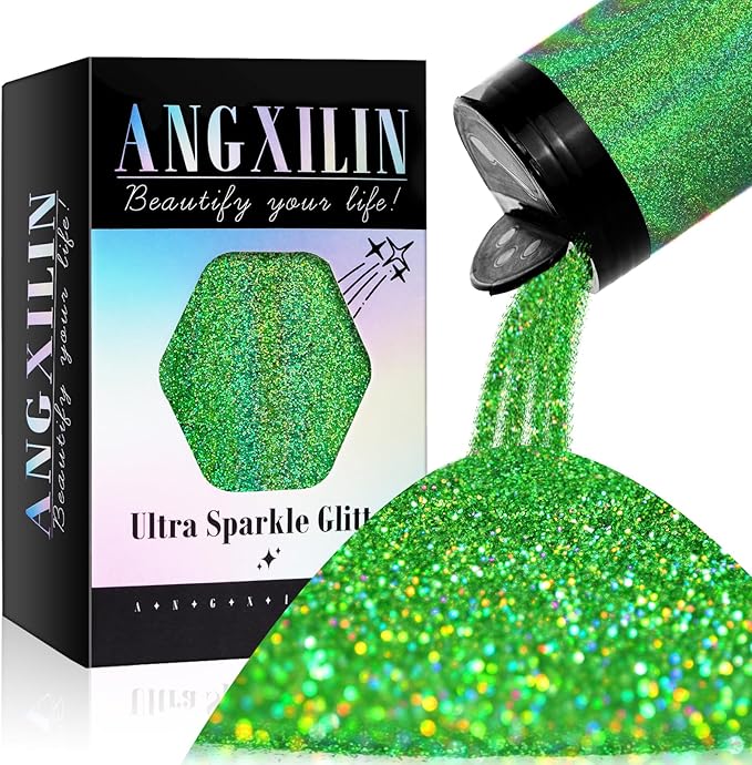Holographic Fine Glitter for Epoxy Resin DIY Craft,ANGXILIN High Capacity 260g Shaker Bottle Fine Glitter for Nail Art Face Body Make Up,Tumblers Earrings Jewelry Making Fine Glitter (Laser Green)