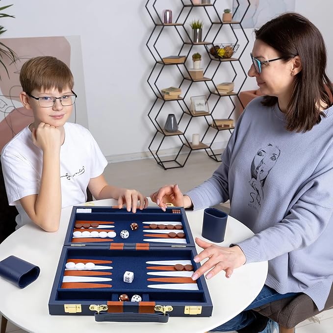 Backgammon Set 2 Players Classic Backgammon Sets for Adults Board Game with PU Leather Case Portable and Travel Backgammon Set (Navy, 18inch)