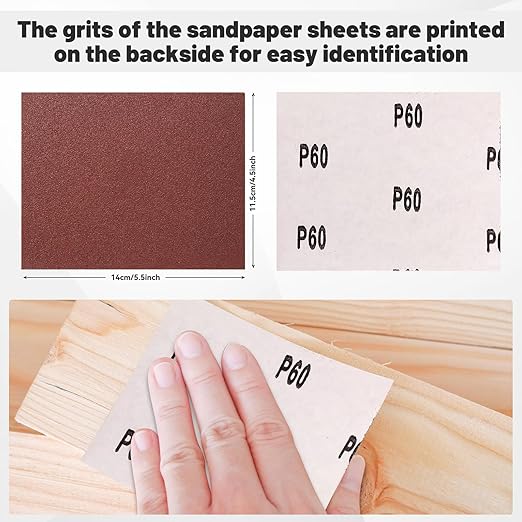 1/4 Sandpaper Sheet – 4-1/2” x 5-1/2”, P60 Grit, Red Aluminum Oxide, Plain Backing, 50-Pack – Sandpaper Sheets for Palm Sanders and Woodworking