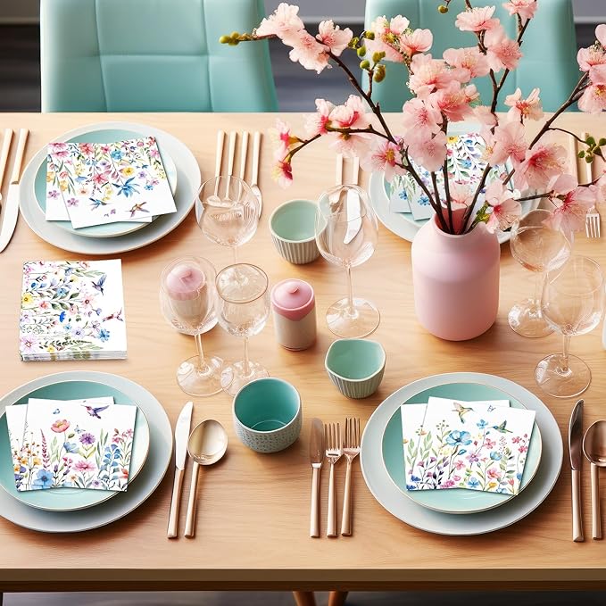Fulmoon 200 Pieces Summer Floral Cocktail Napkins Disposable Flower Dessert Paper Napkins Bulk Wildflower Hummingbird Decoupage Beverage Towel for Summer Tea Party Dinner Table Decorative Supplies