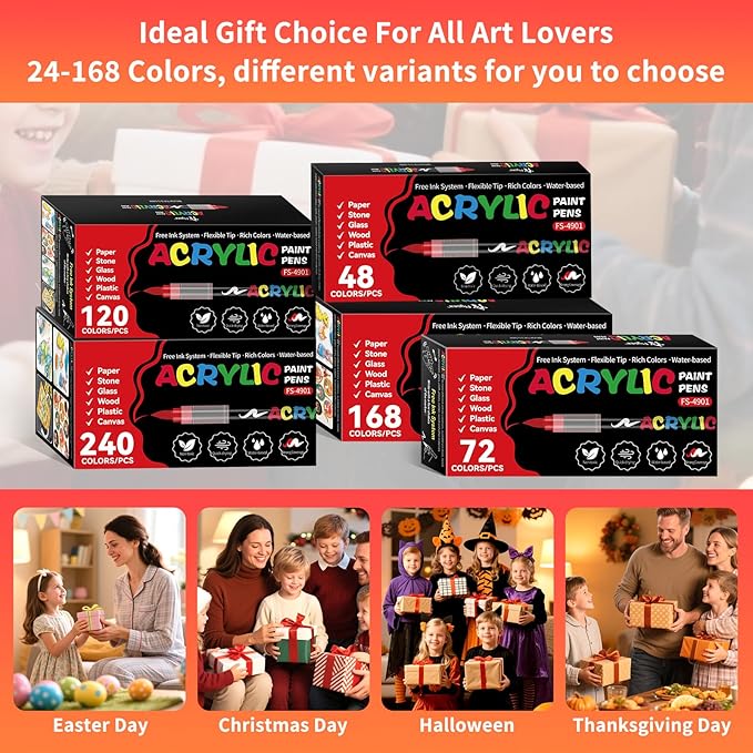 120 Colors Acrylic Paint Markers, Soft Brush Tip Acrylic Markers Set, Paint Pens for Wood, Fabric, Canvas, Glass, Stone, Canvas, Rock Painting and DIY Crafts Art Supplies