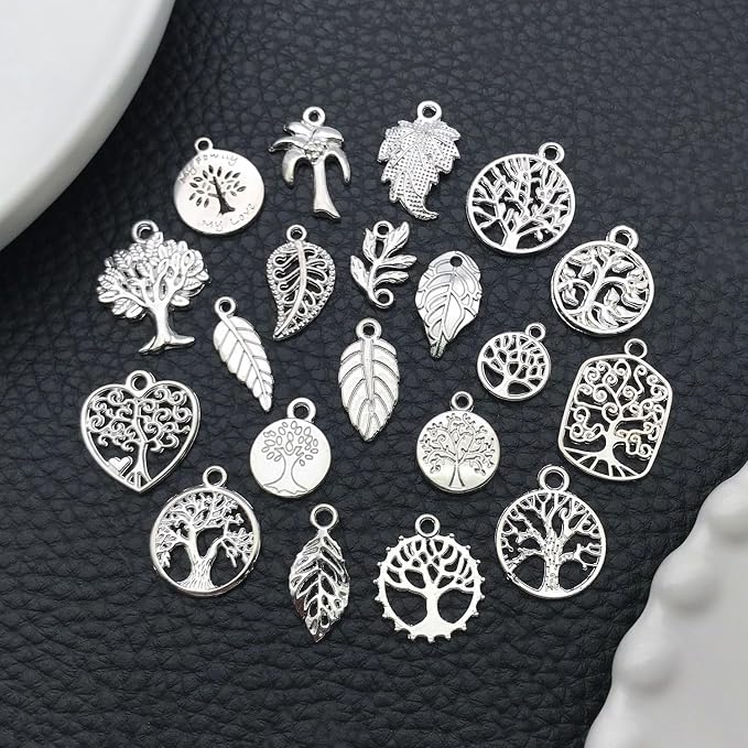 WOCRAFT 60pcs Bright Silver Tree Leaf Charms Bracelet Charms - Image 3