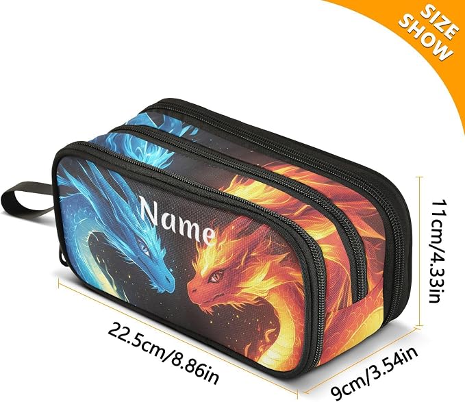Custom Dragons Red Blue Fire Eyes Pencil Case Box Boys Girls Personalized Name - Image 4