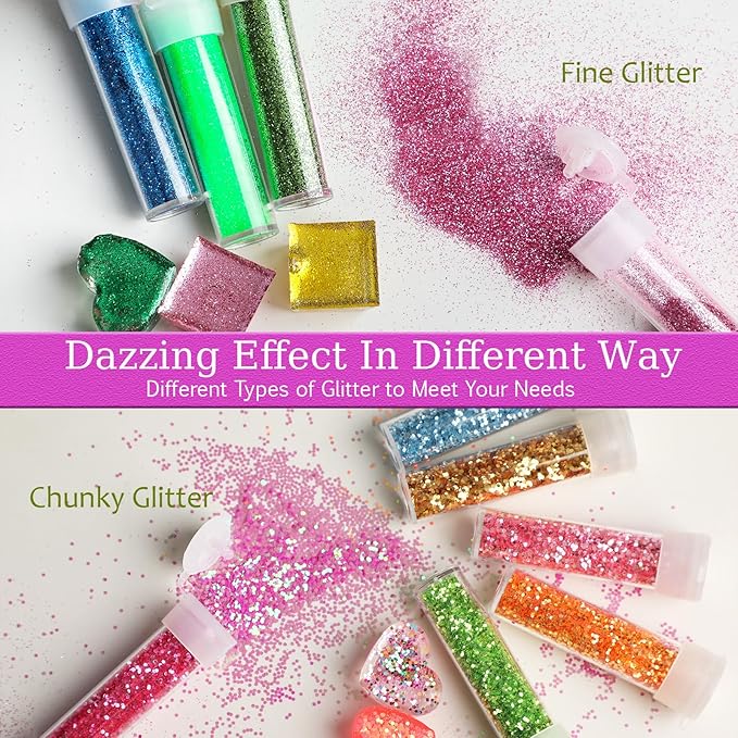 Glitter, 48 Colors Fine Glitters for Resin, Craft Glitter Bulk for Resin Accessories DIY Slime Candle, Extra Fine Glitters Powder for Nail Art, Body Hair Face, Christmas Glitters