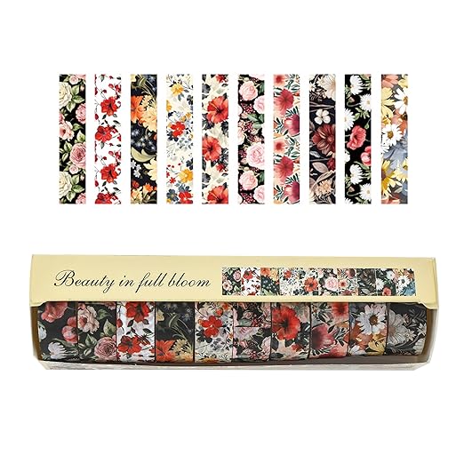 10 Rolls Blooming Flowers Washi Tape Set Floral Arts Adhesive Tapes Colorful Garden Decorative Masking Tape Sets for Craft, Kids, Scrapbook, DIY, Gift Wrapping (3-Blooms)
