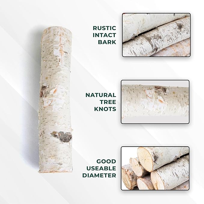 17 Inch Natural Birch Logs - Decorative Dried Birch Wood Logs for Fireplace, Wedding Centerpieces - Unfinished Wood DIY Crafts, & Home Décor - Birch Log Bundle for Indoor Display (6 PCS) (2.5"-4" DIA)