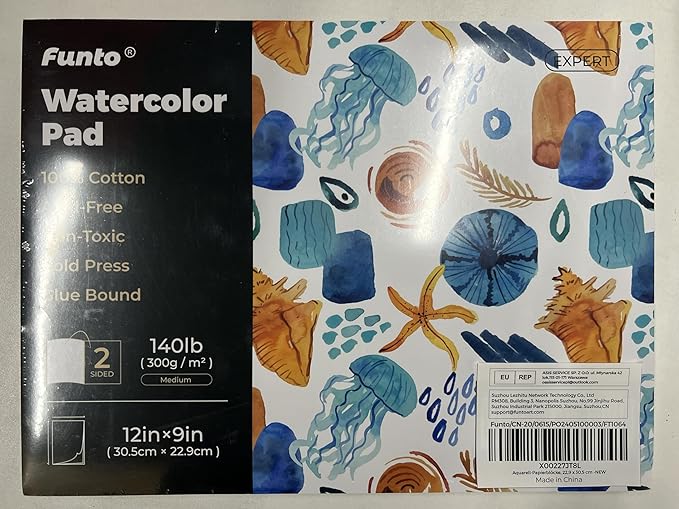 Funto Watercolor Pad, 12×9", 20 Sheets, 140lb/300gsm, 100% Cotton, Cold Press, Glue Bound, Double-Sided, Easy Tear Heavyweight Art Paper for Painting
