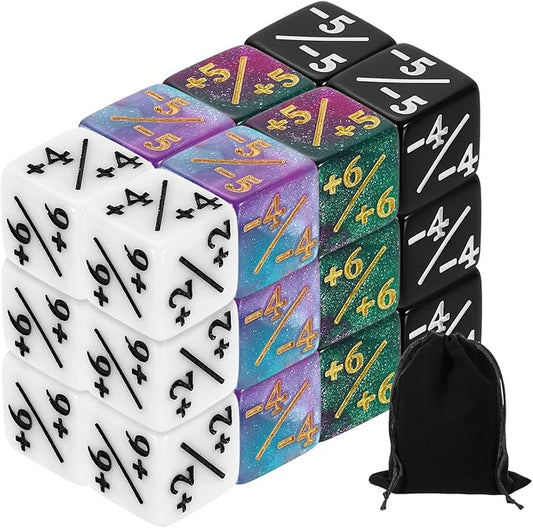 uxcell 24Pcs Magic Dice Counters, Acrylic D6 Life Token Dice Set with Pouch for Standard Cards Gaming Accessories, White, Black, Green & Purple, Blue & Purple