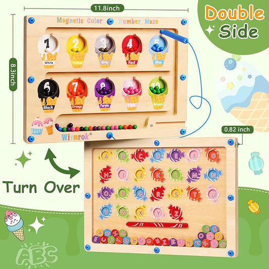 2 in 1 Double Side Magnetic Color and Number Maze, Montessori Magnetic Alphabet Maze Board Toys 3-5 Years Old, Wood Magnet Puzzle Learning Counting Matching Toys for 3 4 5 Todders Kids Girls Boys