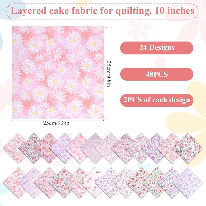 48 Pcs 10 x 10 Inches Pink Floral Cotton Fabric Bundles, Precut Pink Retro - Image 2