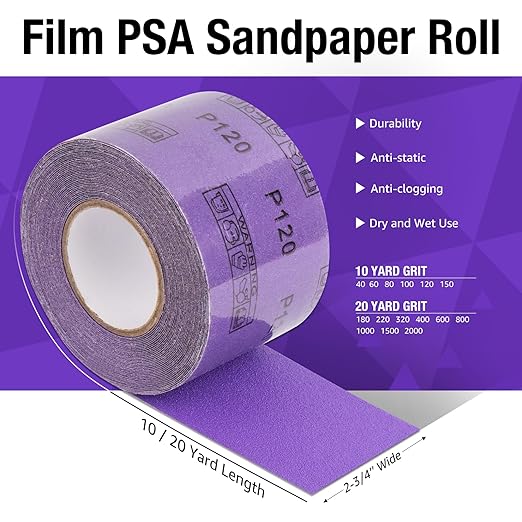 1500 Grit PSA Purple Film Ceramic Sandpaper Roll, 2-3/4" Wide Continuous 20 Yard Longboard Sanding Roll Wet Dry Sanding Blocks Self Adhesive Sticky Back Sanding Sheets for Woodworking Automotive