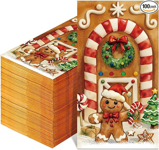 100 Pcs Christmas Guest Napkins 2 Ply Gingerbread Man Disposable Paper Napkins for Decoupage Xmas Tree Decorative Gingerbread Man Christmas Cocktail Guest Hand Towel for Party Table Dinner Bathroom