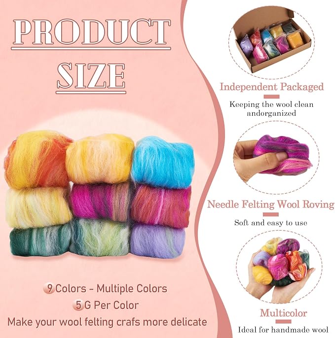 9 Colors 45G Mixed Color Fibre Wool Yarn Roving - Image 3