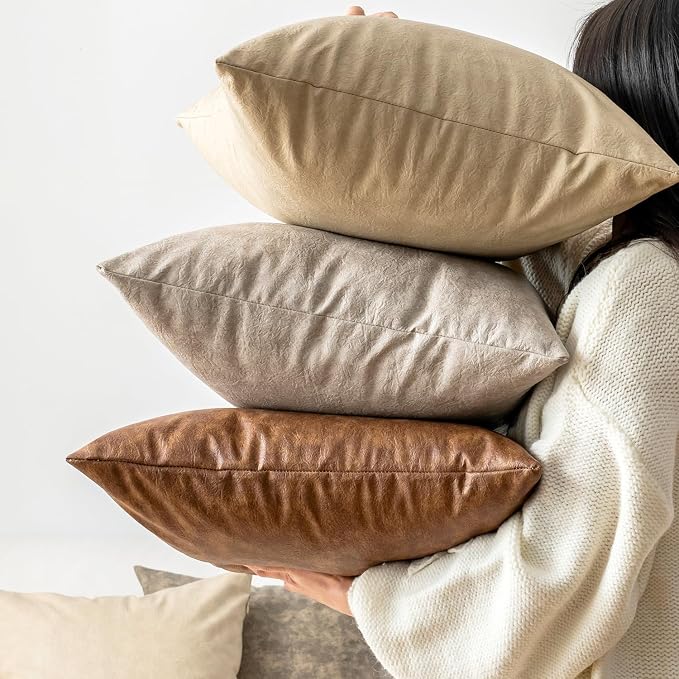 Pack of 4 Neutral Decorative Faux Leather Throw Pillow Covers 18x18 inch - Image 3