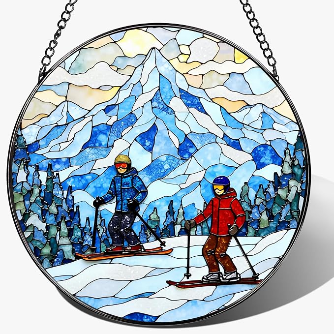 8'' Snowy Mountain Skiers Sun Catcher Ornament, Stained Glass Window Hanging by Unknown