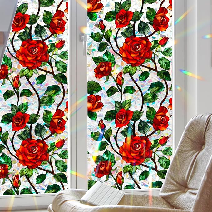 Bloss Rose Stained Glass Windows Film, 35.4x118 inch 3D Flower Privacy Window - Image 7