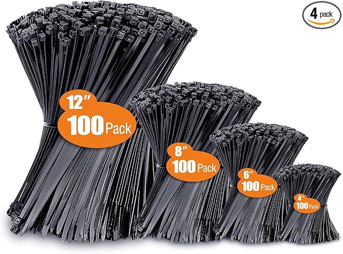 Cable Zip Ties, 400 Pack Black Zip Ties Assorted Sizes 12/8/6/4 Inch by WLEAD