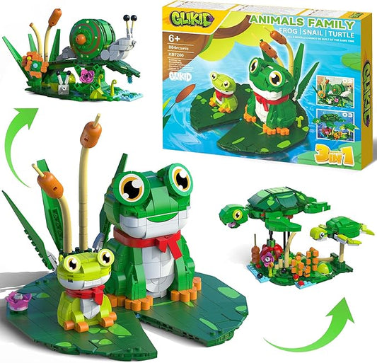 3 in 1 Animals Frog Family Building Set - Animal Figures with 3 Building Options, Create Frog, Turtle or Snail Family - Educational Toy Birthday Gift for Girls and Boys Ages 6+