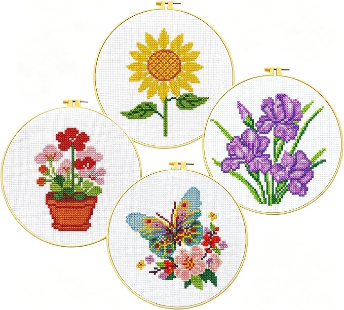 Zhenqing 4 Pack Floral Stamped Cross Stitch Kit, 11CT Printed Iris Sunflower by ZhenqingHomeFlagship