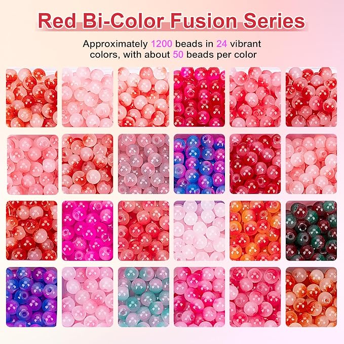 XSEINO About 1200+ pcs 6mm Glass Beads Bracelet Making Kit, 24 Assorted Red - Image 3