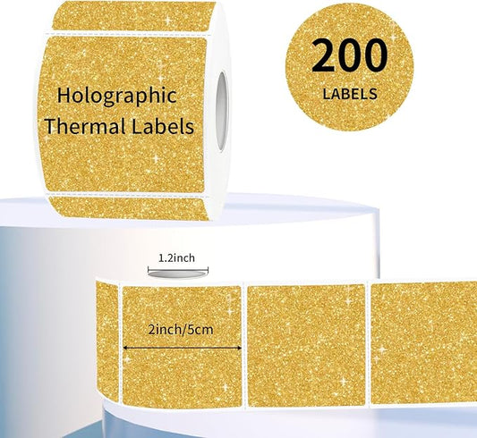 2" x 2" Square Thermal Labels Stickers, Holographic Direct Thermal Stickers Labels, Self-Adhesive Label for Small Business, DIY Logo Design- Glitter Gold