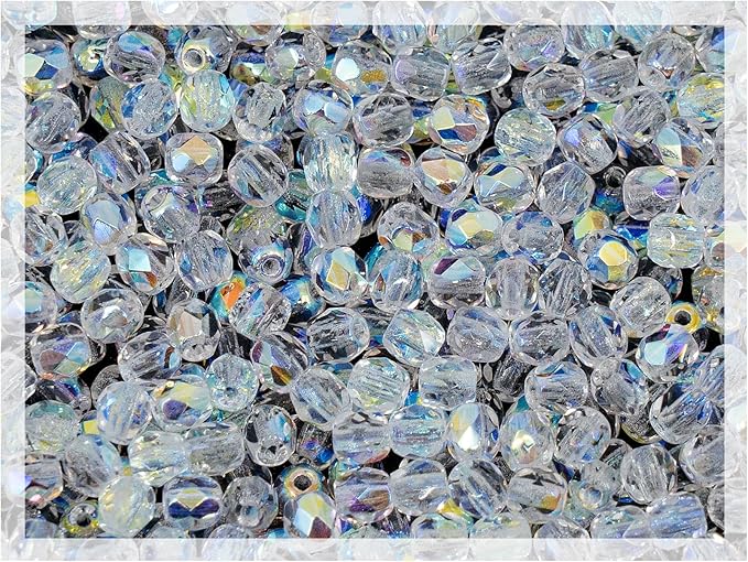 0.88oz (600+ pcs) Faceted Fire Polished Pressed Czech Glass Beads 3mm (0.12in), Crystal AB 00030-28701