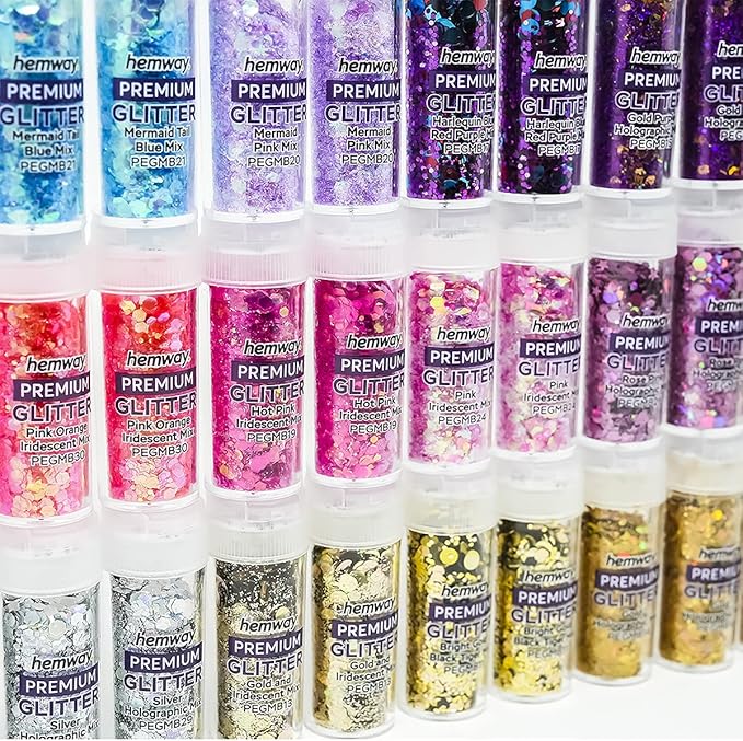 Hemway Mixed Polyurethane & Epoxy Resin Glitter Box (Pack of 54) | Metallic Flakes Shaker Set for Arts & Crafts | Assorted Colour Craft Supplies for Making Cards, Jewellery, Tumblers & Coasters