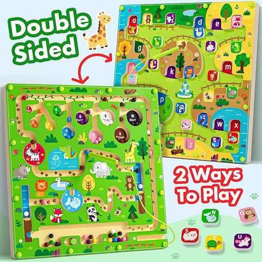 2 in 1 Magnetic Color and Number Maze Magnet Alphabet Counting Double Sided Board Wood Puzzle Fine Motor Skills Montessori Preschool Toys Gifts for Boys and Girls 3-5 Age (Big Zoo, One Size)