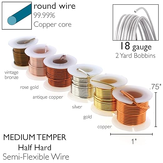 The Beadsmith Craft Wire Assortment - Tarnish-Resistant Copper Wire for Jewelry Making, 6-Pack, 0.75-Inch Mini Spools, 2 Yd Each, 18-Gauge, Assorted Colors, Medium Temper