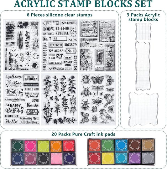 29 Pcs Acrylic Stamps for Crafting Card Making Supplies Set Include 3 Acrylic Clear Stamp Blocks, 6 Clear Silicone Stamps Seals, 20 Craft Ink Pads Stamp for DIY Scrapbooking Journal