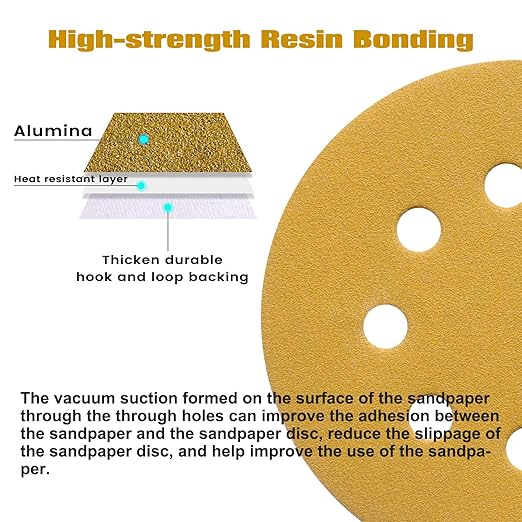 100PCS 5 Inch 8 Hole Sanding Discs 60 Grit,Gold Round Hook and Loop Sandpaper for Random Orbital Sander