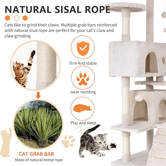 BestPet | 70" Cat Tree Tower | Beige | Sturdy, Hanging Cat Toys, Observation - Image 4