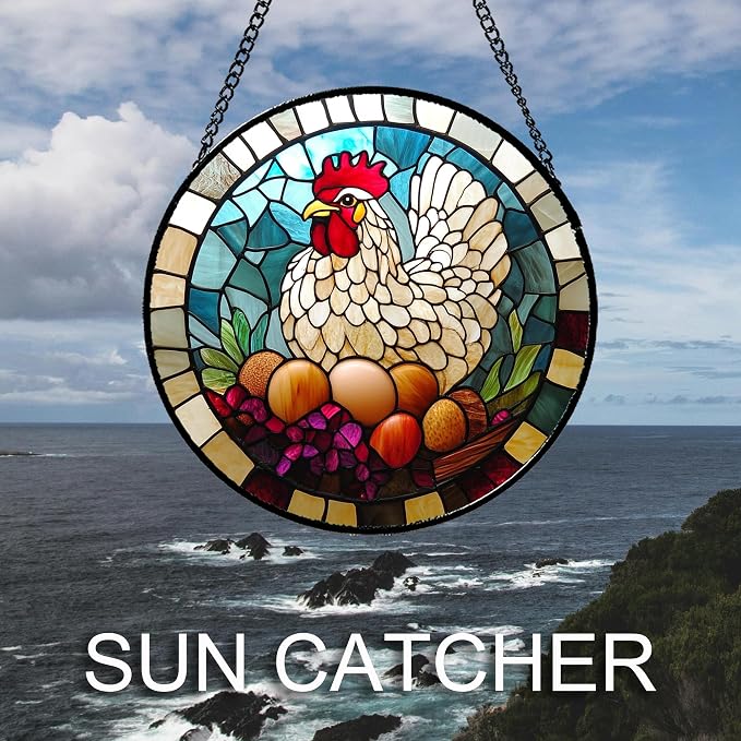 DASTOLL Stained Glass Window Hanging White Chicken Hatching Eggs 9.8" - Image 3